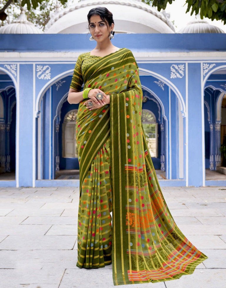 Olive Green Printed Saree | Sudathi