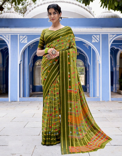 Olive Green Printed Saree | Sudathi