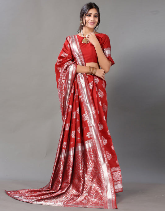 Red And Silver Silk Saree | Leemboodi