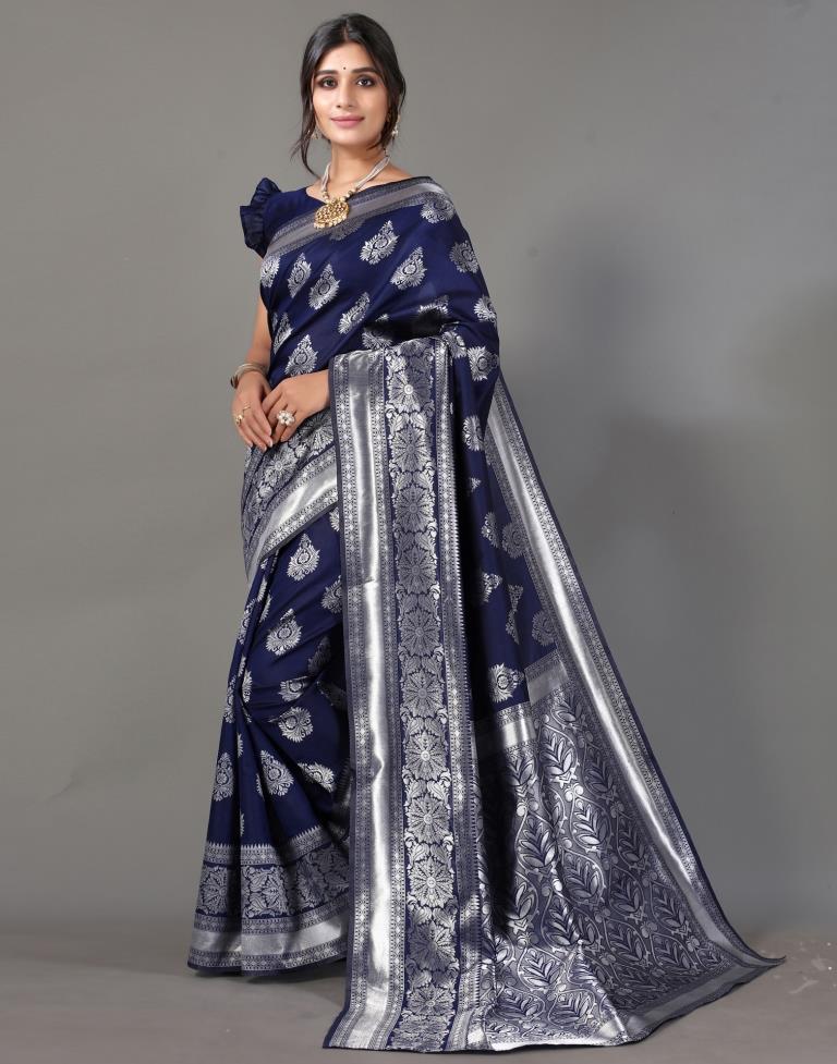 Navy Blue And Silver Silk Saree | Leemboodi