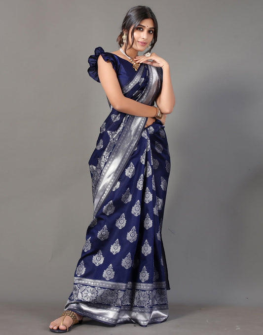 Navy Blue And Silver Silk Saree | Leemboodi