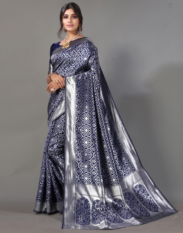 Navy Blue And Silver Silk Saree | Leemboodi