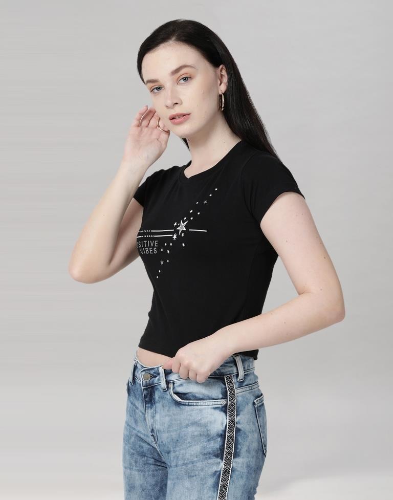 Black Colored Lycra Printed T-shirt | Leemboodi