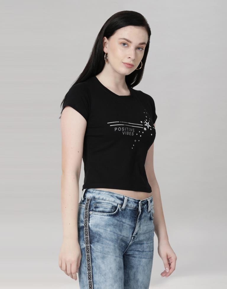 Black Colored Lycra Printed T-shirt | Leemboodi