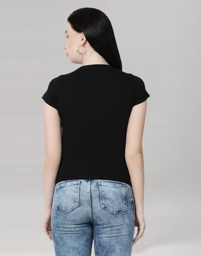 Black Colored Lycra Printed T-shirt | Leemboodi