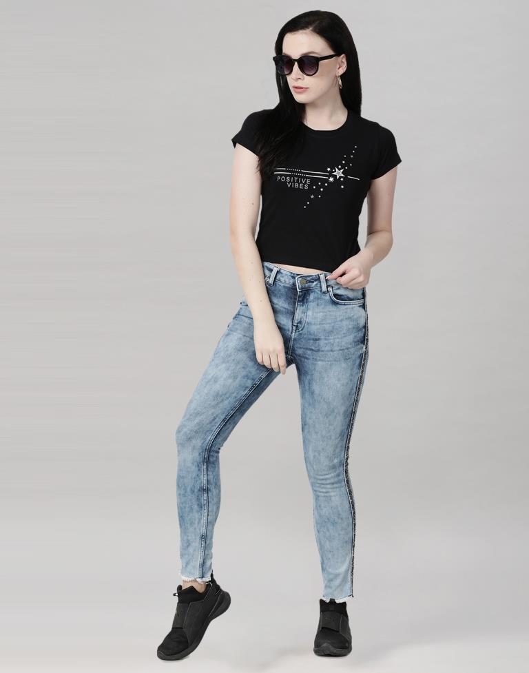 Black Colored Lycra Printed T-shirt | Leemboodi