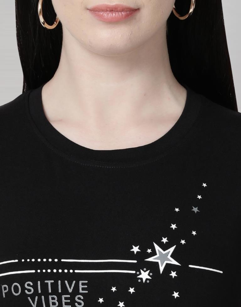Black Colored Lycra Printed T-shirt | Leemboodi