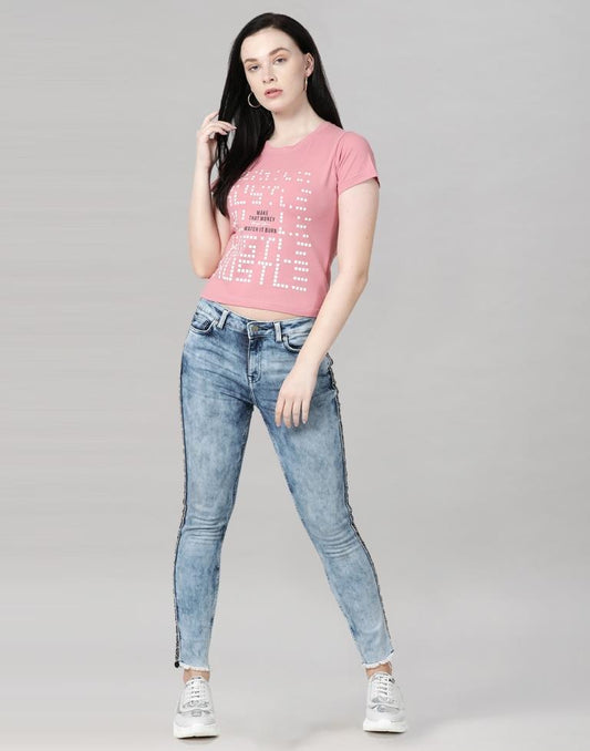 Pink Colored Lycra Printed T-shirt | Leemboodi