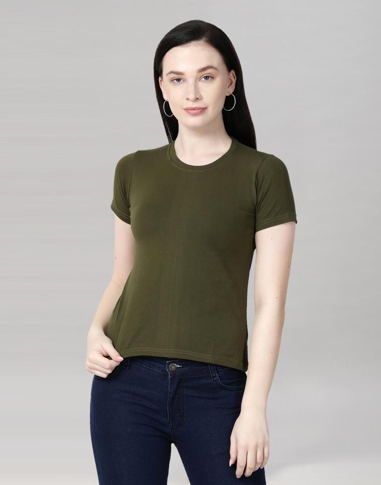 Olive Green Colored Lycra Knitted T-shirt | Leemboodi