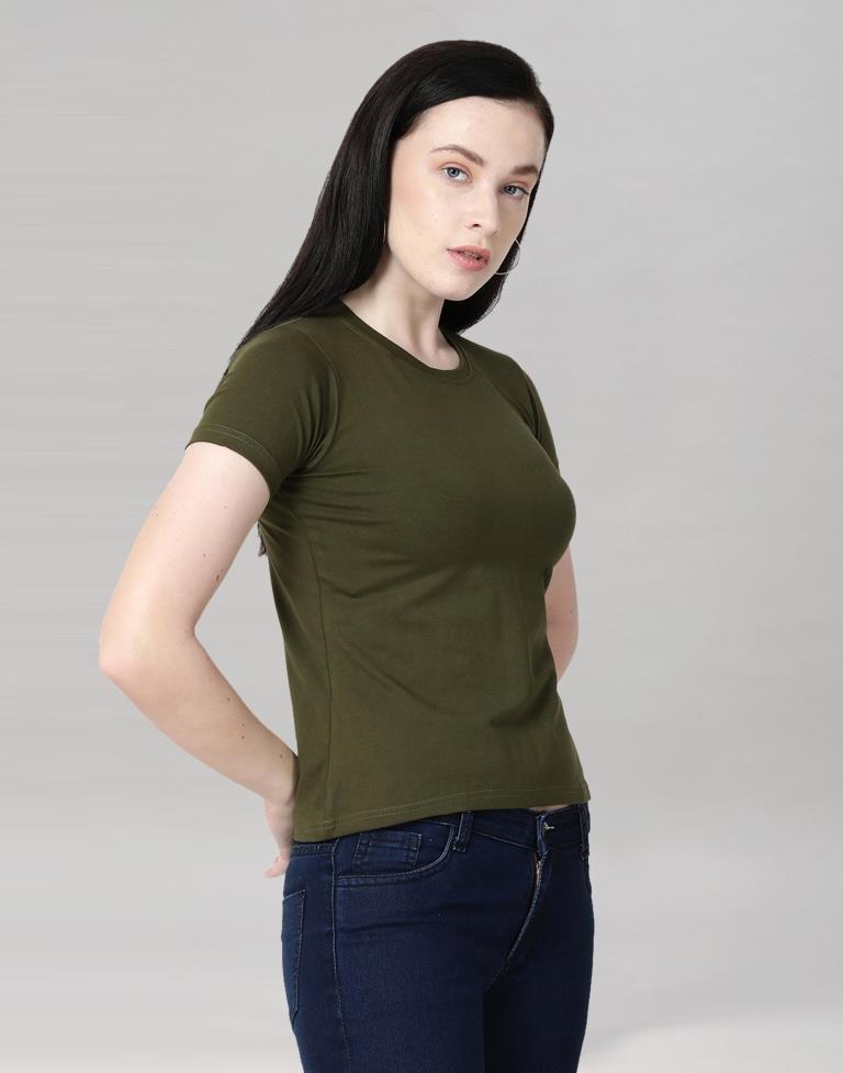 Olive Green Colored Lycra Knitted T-shirt | Leemboodi