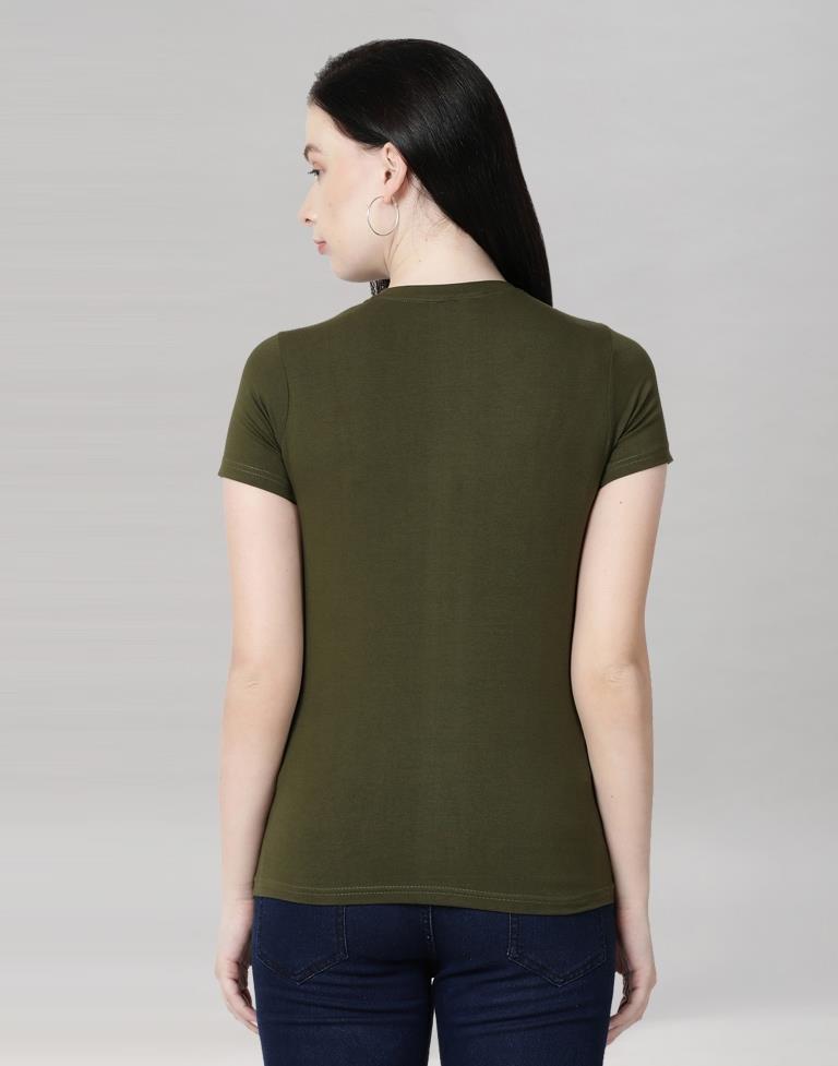 Olive Green Colored Lycra Knitted T-shirt | Leemboodi