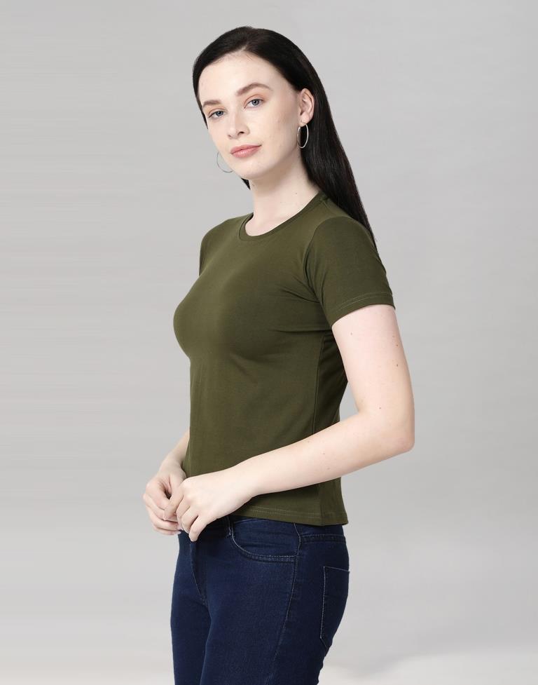 Olive Green Colored Lycra Knitted T-shirt | Leemboodi
