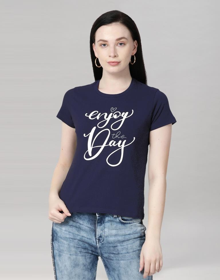 Navy Blue Colored Lycra Printed T-shirt | Leemboodi