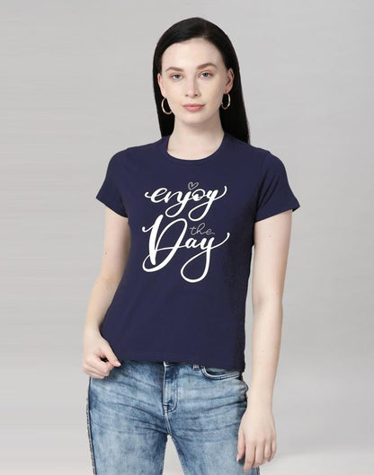 Navy Blue Colored Lycra Printed T-shirt | Leemboodi