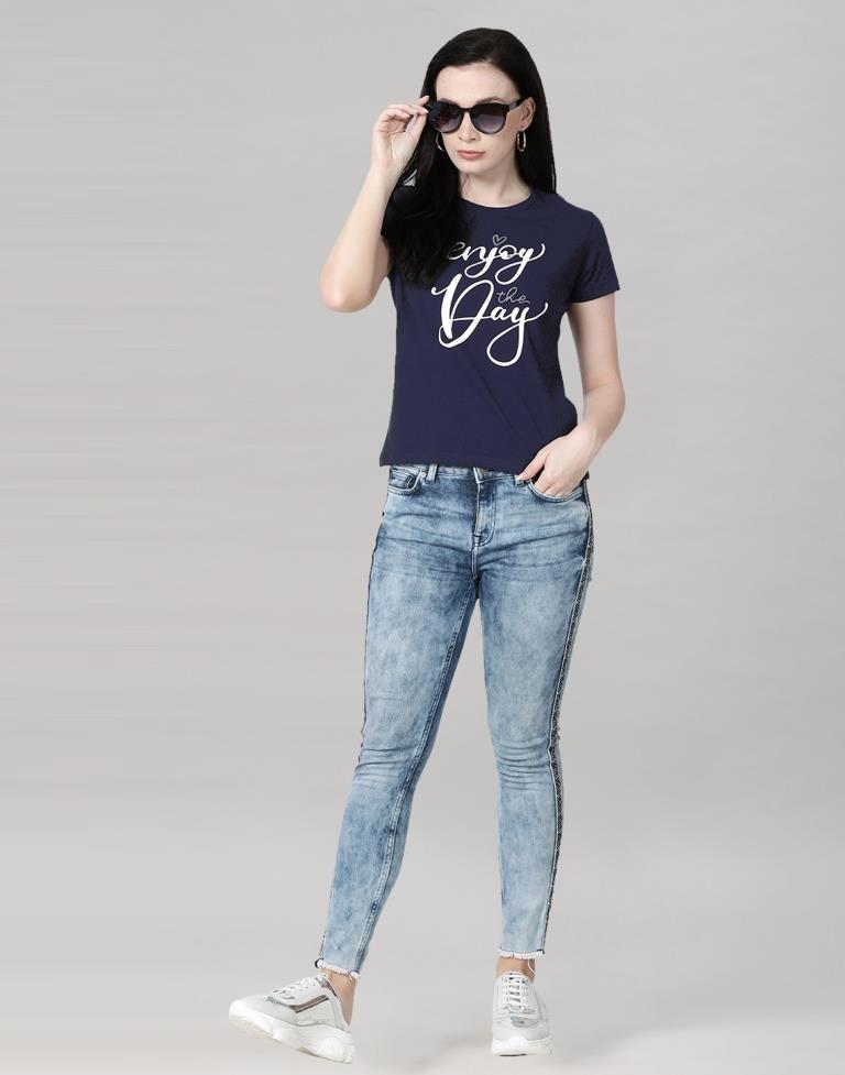 Navy Blue Colored Lycra Printed T-shirt | Leemboodi