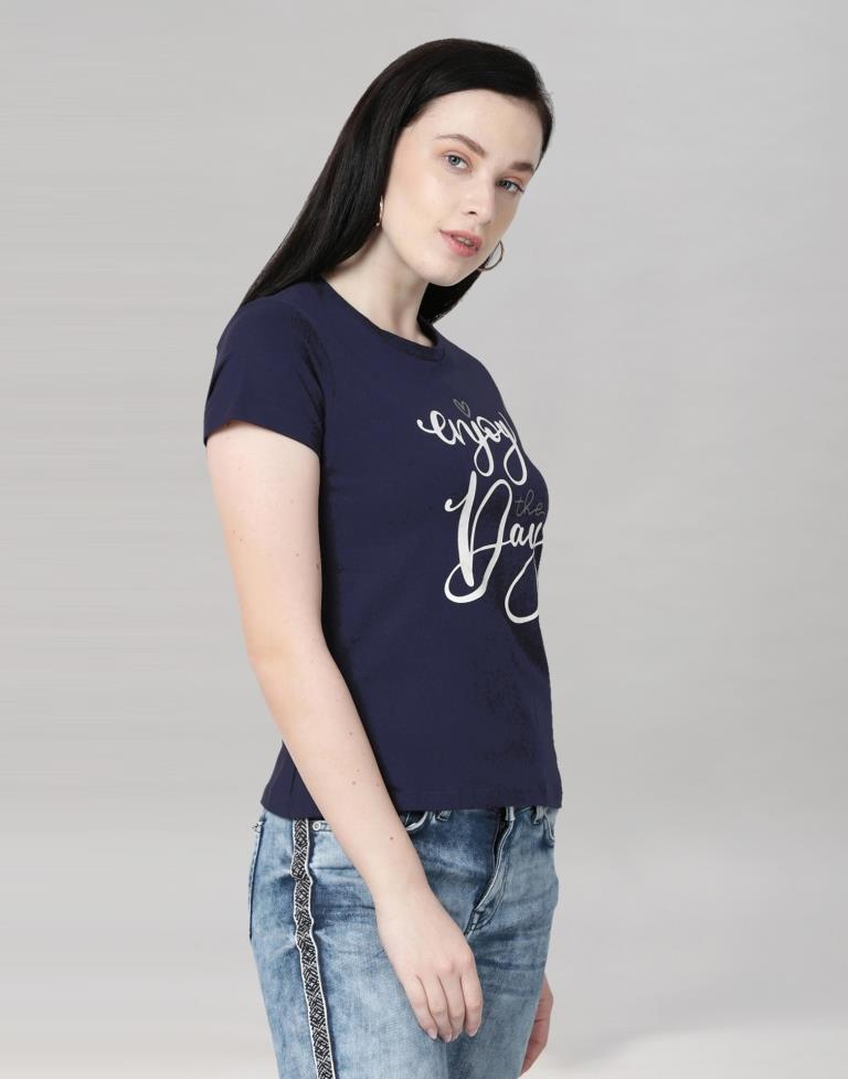 Navy Blue Colored Lycra Printed T-shirt | Leemboodi