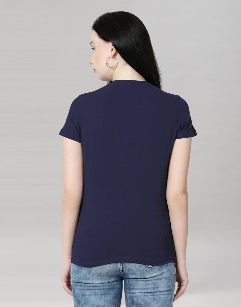 Navy Blue Colored Lycra Printed T-shirt | Leemboodi