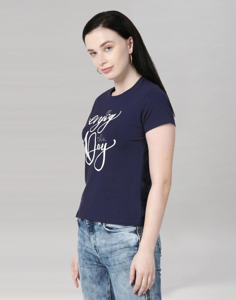 Navy Blue Colored Lycra Printed T-shirt | Leemboodi