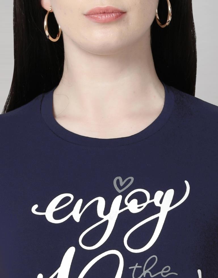 Navy Blue Colored Lycra Printed T-shirt | Leemboodi