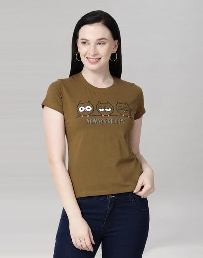 Peanut Brown Colored Lycra Printed T-shirt | Sudathi