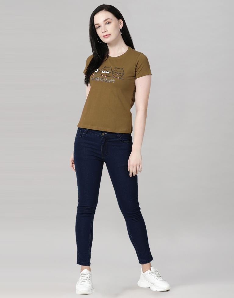 Peanut Brown Colored Lycra Printed T-shirt | Sudathi