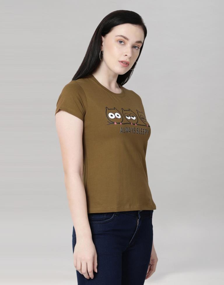 Peanut Brown Colored Lycra Printed T-shirt | Sudathi