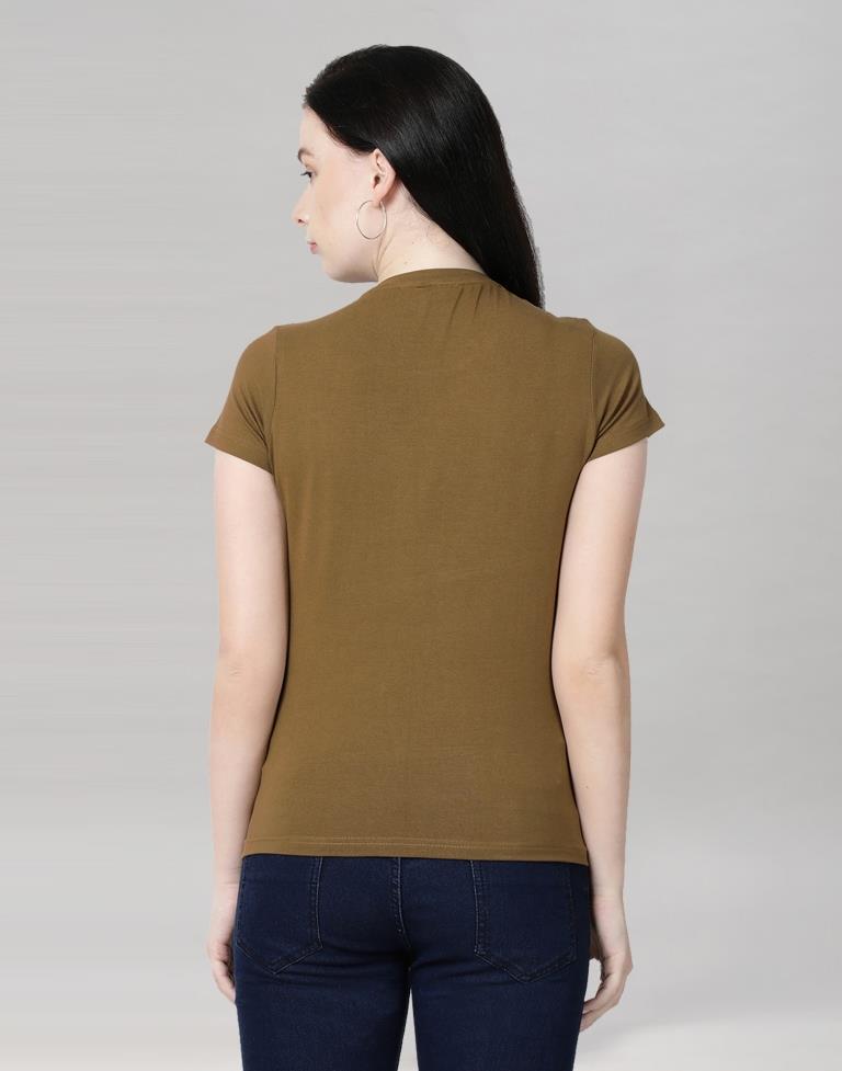 Peanut Brown Colored Lycra Printed T-shirt | Sudathi