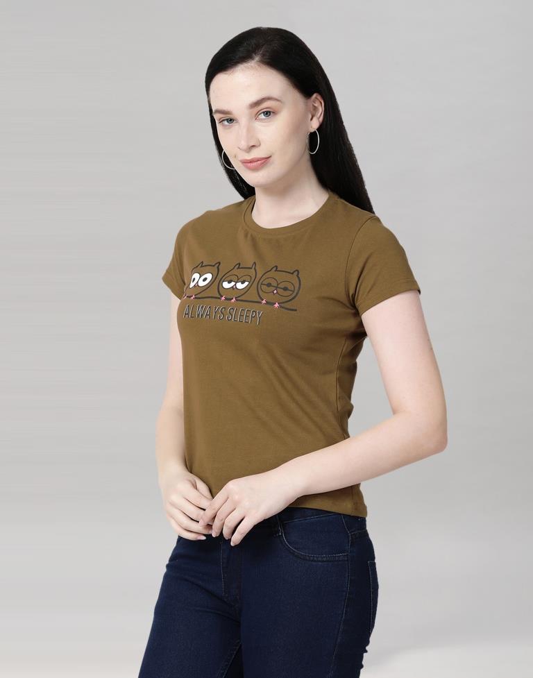 Peanut Brown Colored Lycra Printed T-shirt | Sudathi