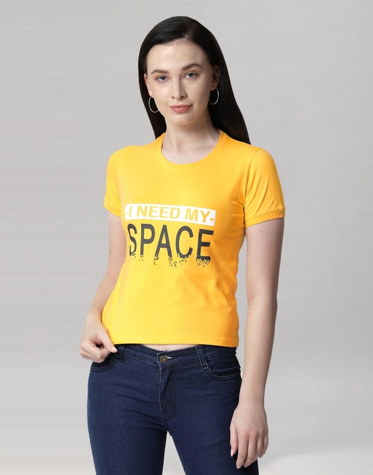 Yellow Colored Lycra Printed T-shirt | Leemboodi