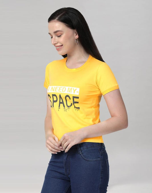 Yellow Colored Lycra Printed T-shirt | Leemboodi