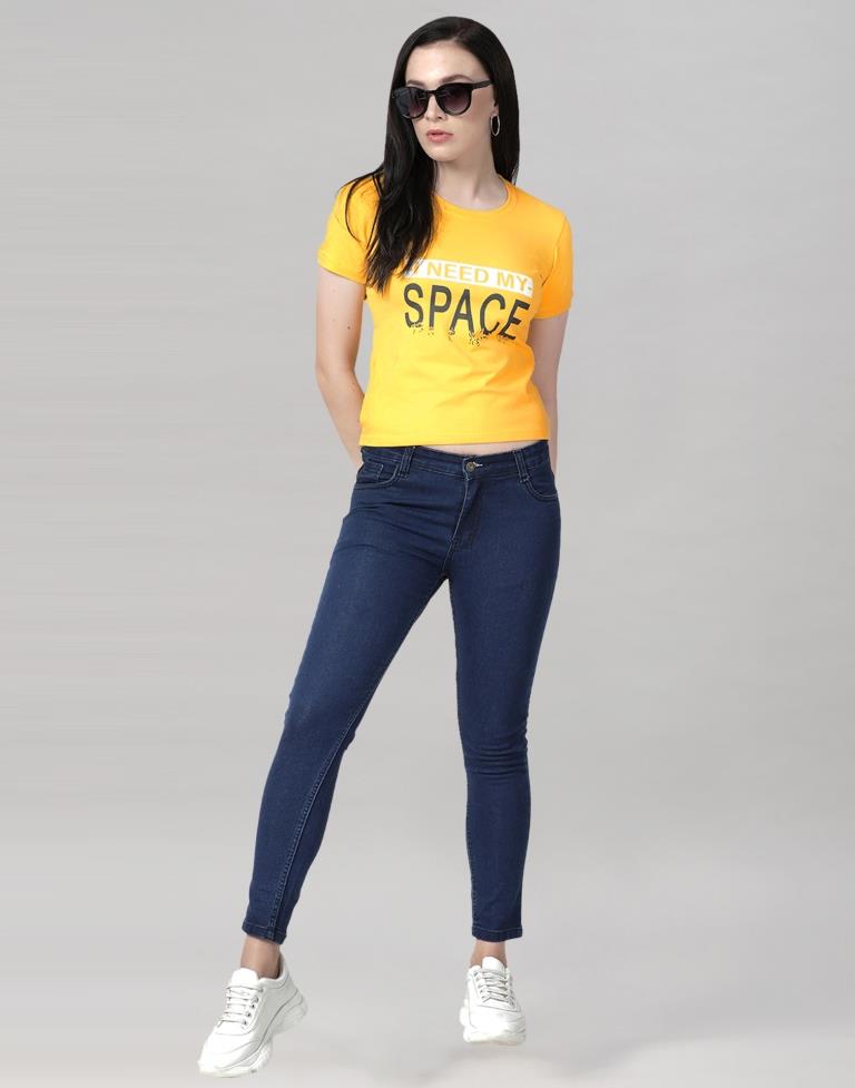 Yellow Colored Lycra Printed T-shirt | Leemboodi