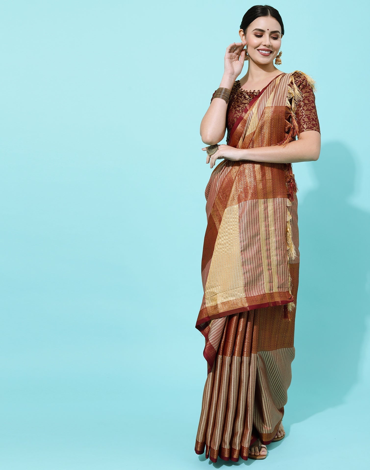 Beige And Maroon Silk Saree | Sudathi