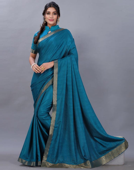Teal Blue Plain Silk Saree