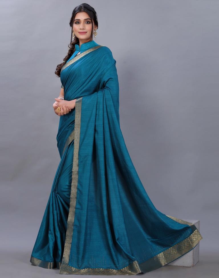 Teal Blue Plain Silk Saree
