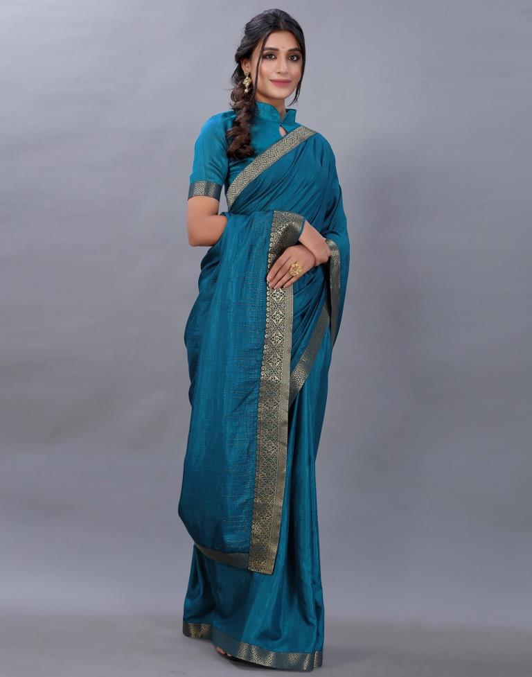 Teal Blue Plain Silk Saree