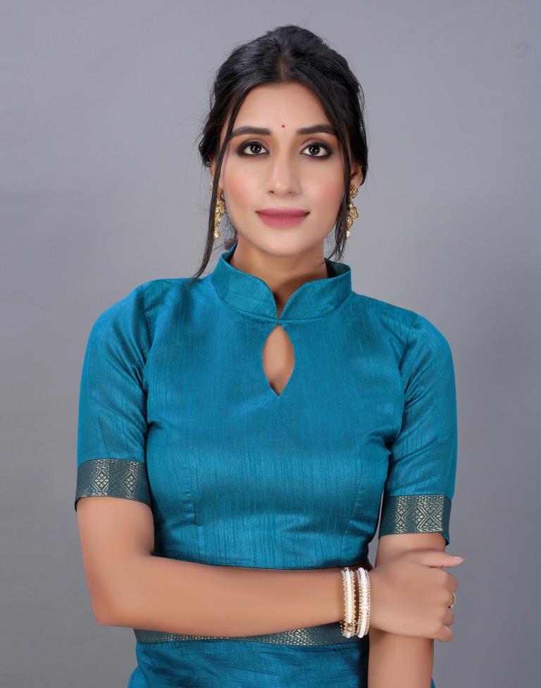 Teal Blue Plain Silk Saree