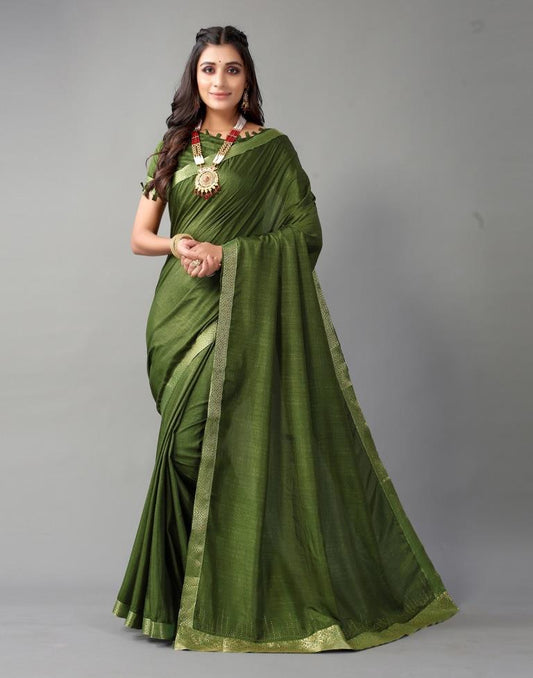 Dark Olive Green Plain Silk Saree