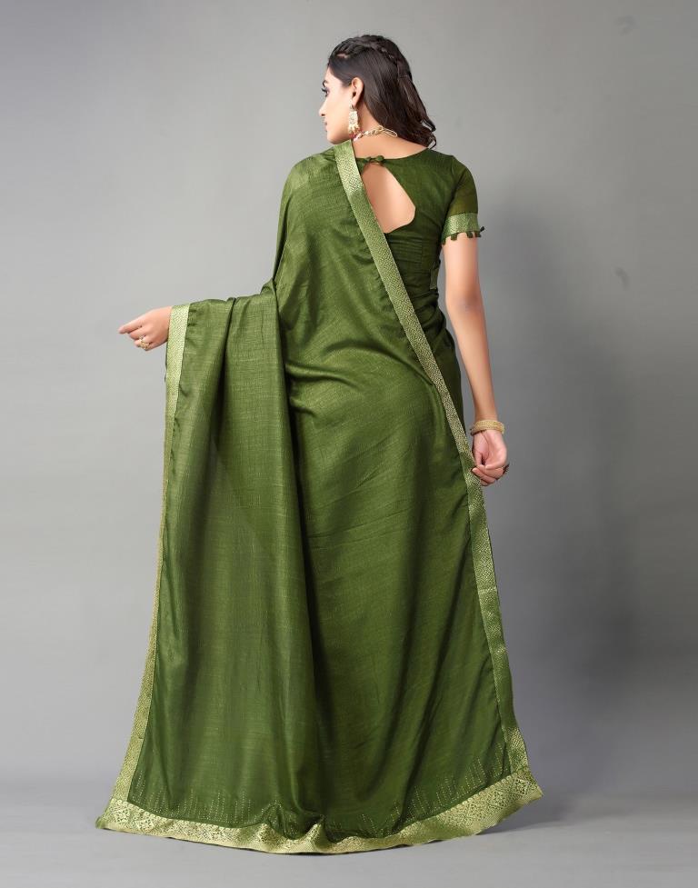 Dark Olive Green Plain Silk Saree