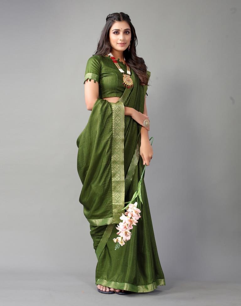Dark Olive Green Plain Silk Saree
