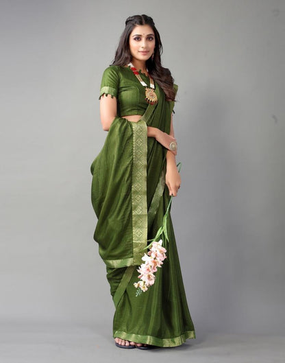 Dark Olive Green Plain Silk Saree