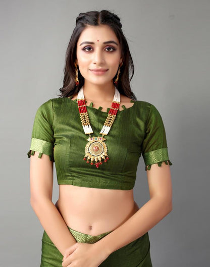 Dark Olive Green Plain Silk Saree