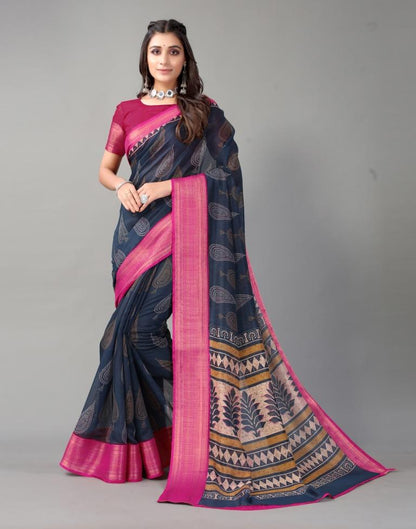 Navy Blue Printed Cotton Saree