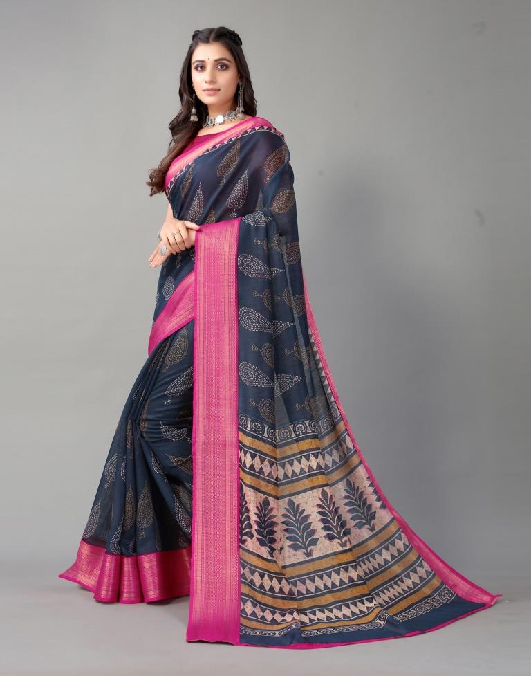 Navy Blue Printed Cotton Saree