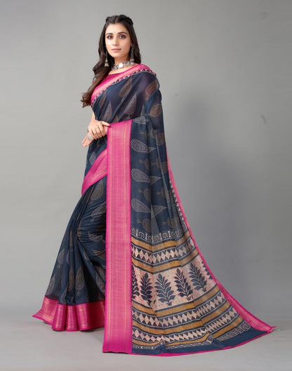 Navy Blue Printed Cotton Saree