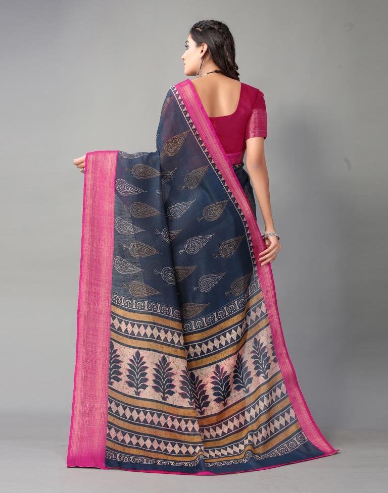 Navy Blue Printed Cotton Saree