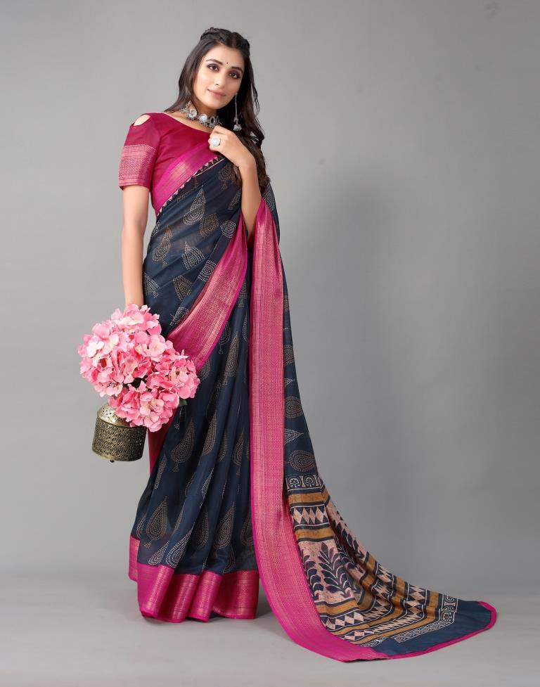 Navy Blue Printed Cotton Saree