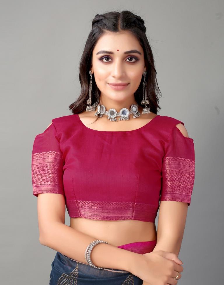 Navy Blue Printed Cotton Saree