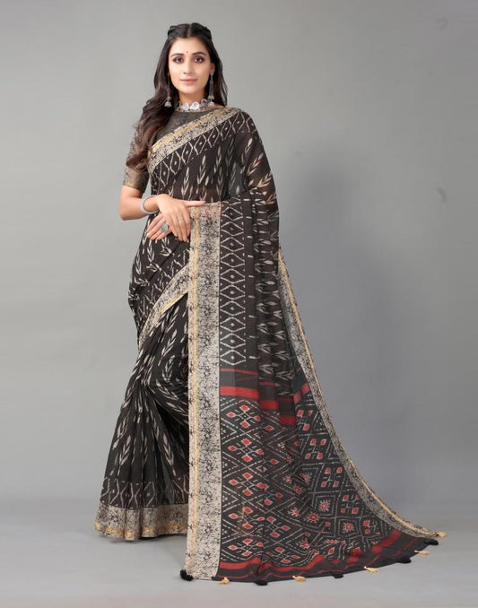 Black Printed Cotton Saree