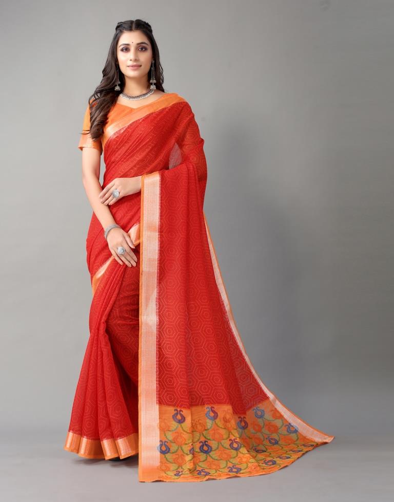 Red Printed Cotton Saree