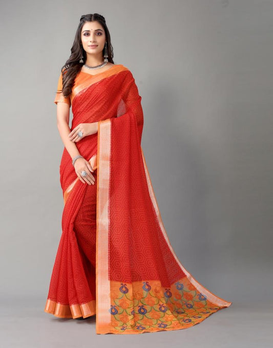 Red Printed Cotton Saree